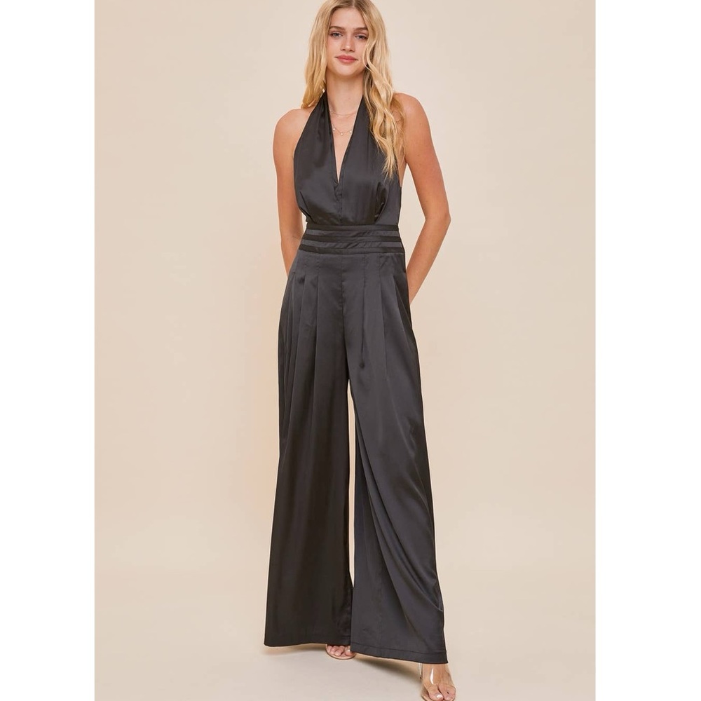 Mustard Seed Black Halter Satin Dressy Jumpsuit